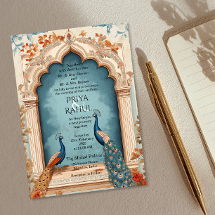 Elegant Vintage Blue Gold Peacocks Indian Wedding Invitation