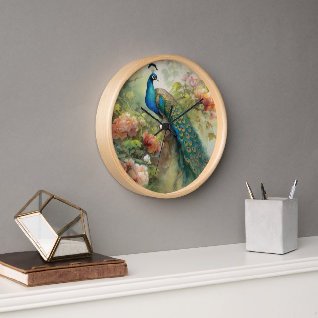 Elegant Vintage Blue Green Peacock Pink Flowers  Clock (Office)