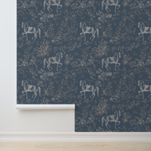 Elegant Vintage Blue Grey Horse Floral Pattern Wallpaper