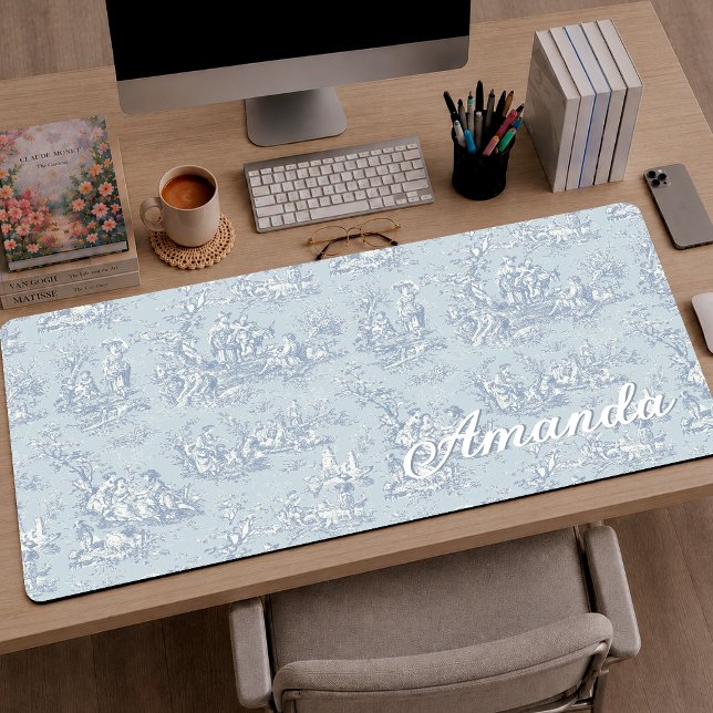 Elegant Vintage Blue Grey Toile Monogram Desk Mat (Creator Uploaded)