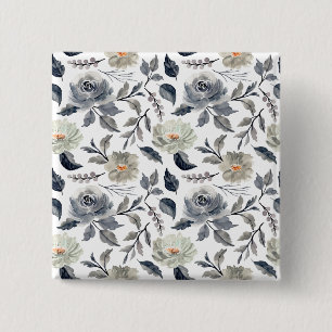 Elegant Vintage Blue Grey Watercolor Floral Botani 15 Cm Square Badge