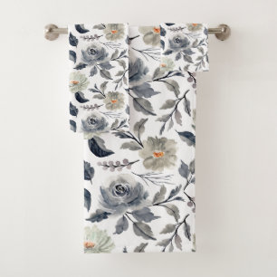 Elegant Vintage Blue Grey Watercolor Floral Botani Bath Towel Set