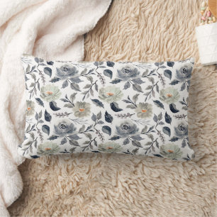 Elegant Vintage Blue Grey Watercolor Floral Botani Lumbar Cushion