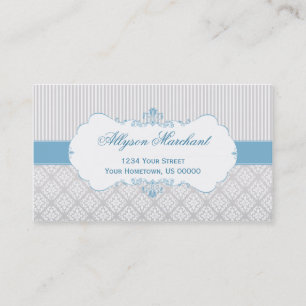 Elegant Vintage Blue Grey White Damask and Stripes Business Card