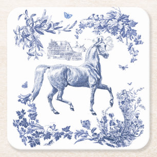 Elegant Vintage Blue Horse Floral Square Paper Coaster