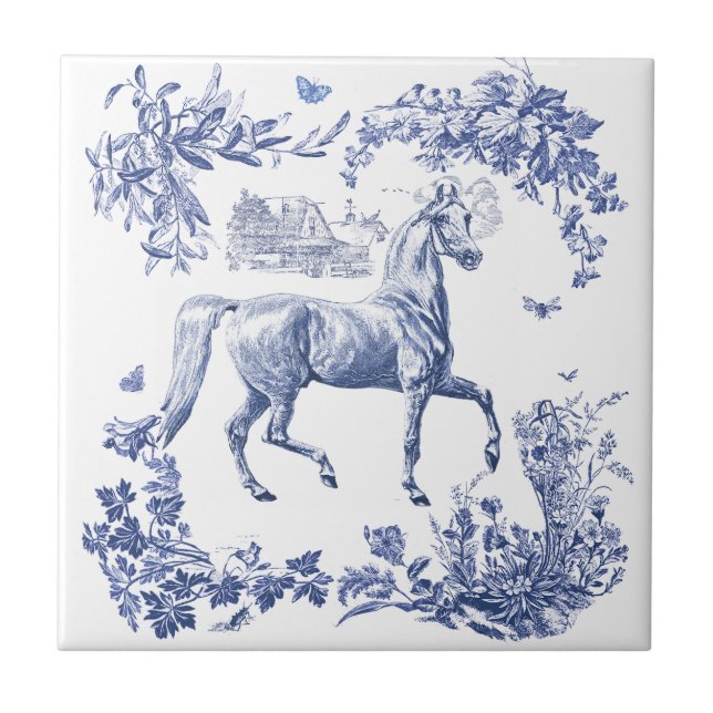 Elegant Vintage Blue Horse Floral Tile (Front)