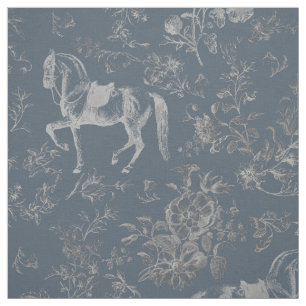 Elegant Vintage Blue Horse Floral Toile Fabric