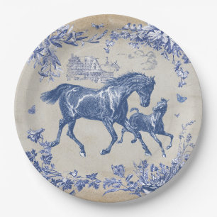 Elegant Vintage Blue Horses Floral Paper Plate