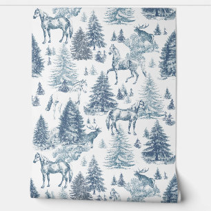 Elegant Vintage Blue Horses in Snow Woods Toile Wallpaper