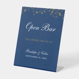 Elegant Vintage Blue Library Book Cover Open Bar Pedestal Sign