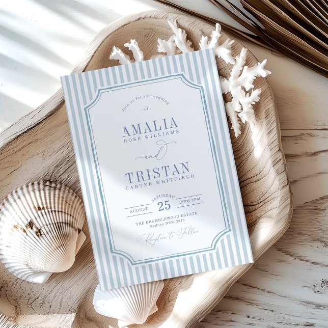 Elegant Vintage Blue Stripe Wedding Invitation (Creator Uploaded)