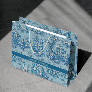 Elegant vintage blue teal toile de jouy large gift bag