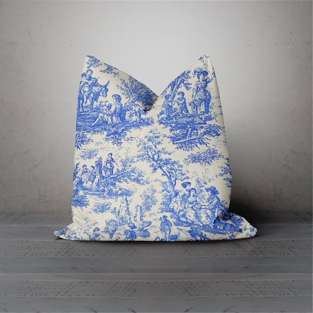 Elegant vintage blue toile de jouy cushion (Creator Uploaded)