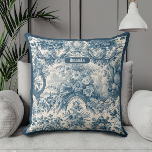Elegant Vintage Blue Toile de Jouy Floral Monogram Cushion