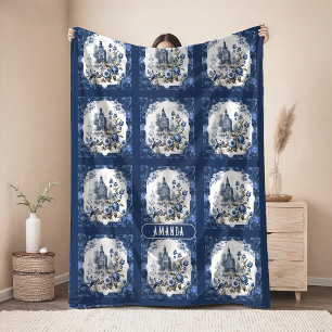 Elegant vintage Blue toile de jouy monogram Fleece Blanket