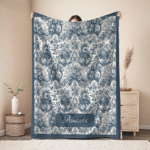 Elegant vintage Blue toile de jouy monogram Fleece Blanket