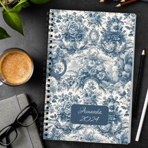 Elegant Vintage Blue Toile de Jouy Monogram Planner