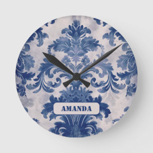 Elegant vintage Blue toile de jouy monogram Round Clock