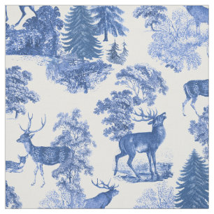 Elegant Vintage Blue Toile Deer Woodland  Fabric