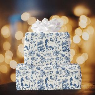 Elegant Vintage Blue Toile Horse Floral Pattern Wrapping Paper
