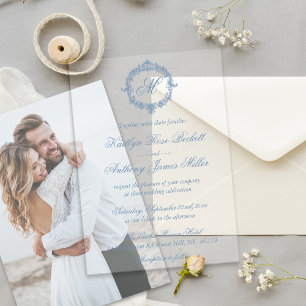 Elegant Vintage Blue Toile Monogram Wedding Acrylic Invitations