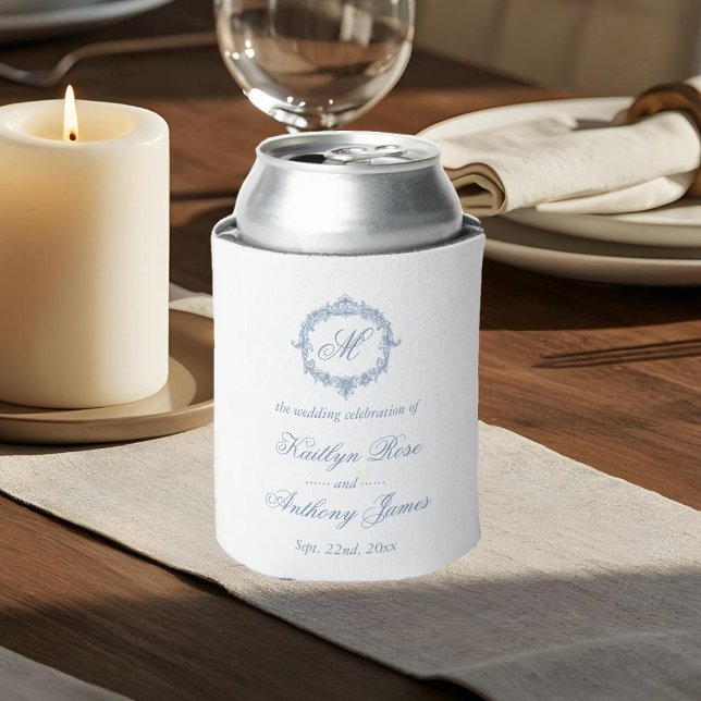 Elegant Vintage Blue Toile Monogram Wedding Can Cooler (Creator Uploaded)