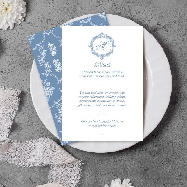 Elegant Vintage Blue Toile Monogram Wedding Enclosure Card (Creator Uploaded)