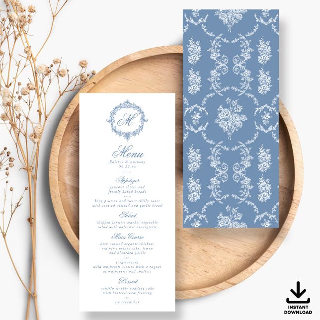 Elegant Vintage Blue Toile Monogram Wedding Menus Invitation (Creator Uploaded)