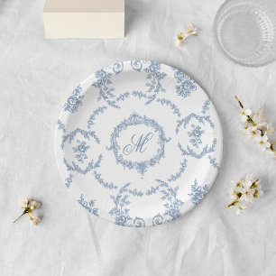 Elegant Vintage Blue Toile Monogram Wedding Paper Plate