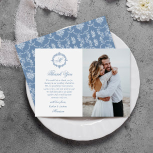Elegant Vintage Blue Toile Monogram Wedding Photo Thank You Card