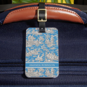 Elegant vintage blue turquoise toile de jouy luggage tag