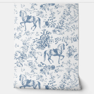 Elegant Vintage Blue White Horse Floral Pattern Wallpaper