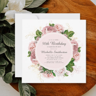 Elegant Vintage Blush Pink Floral 50th Birthday Invitation