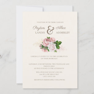 Elegant Vintage Blush Pink Floral Cream Wedding Invitation
