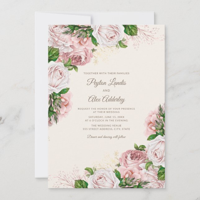 Elegant Vintage Blush Pink Floral Wedding Invitation (Front)