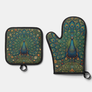 Elegant vintage bohemian peacock design oven mitt & pot holder set