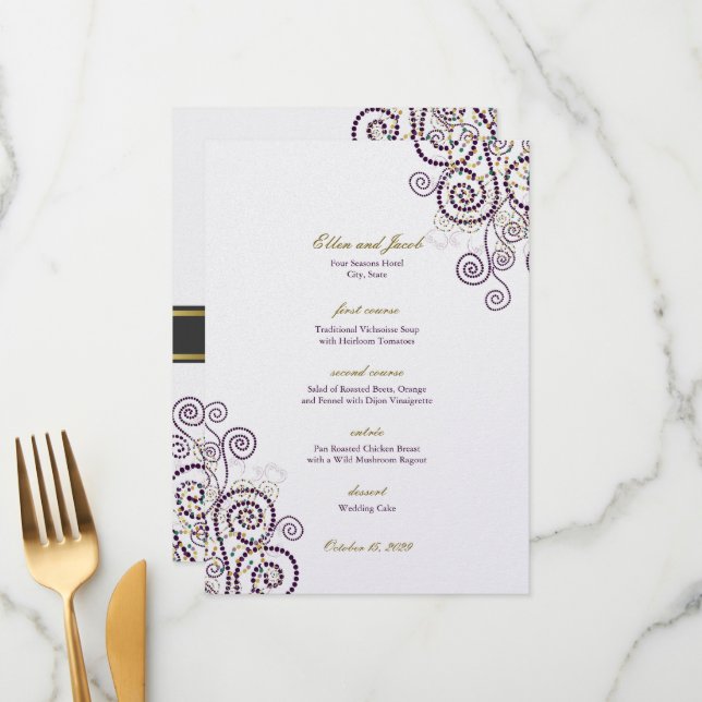 Elegant Vintage Boho Purple Spirals Modern Wedding Menu (Front/Back In Situ)