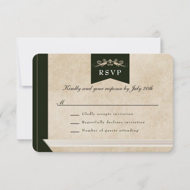 Elegant Vintage Book Cover Theme Wedding RSVP Card (Front)