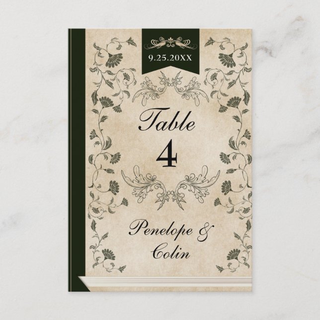 Elegant Vintage Book Cover Wedding Table Number (Front)