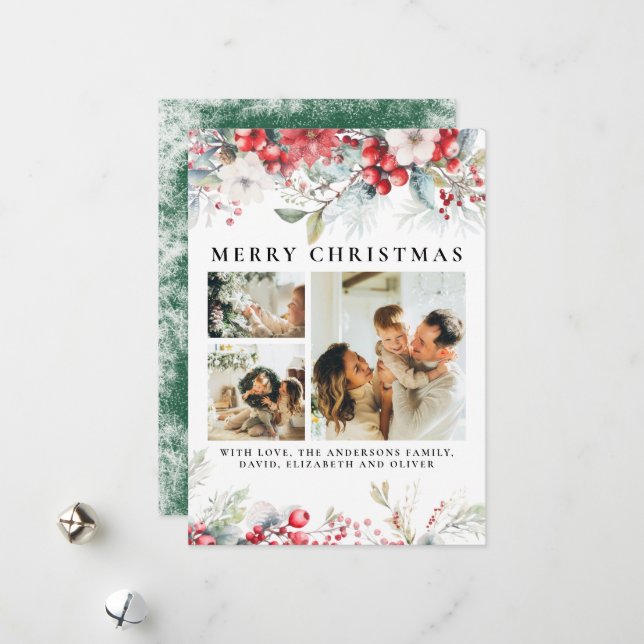 Elegant Vintage Botanical Berries Green Christmas Holiday Card (Front/Back In Situ)