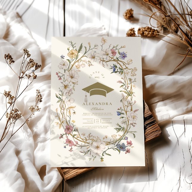 Elegant Vintage Botanical Floral Graduation Invitation (Creator Uploaded)