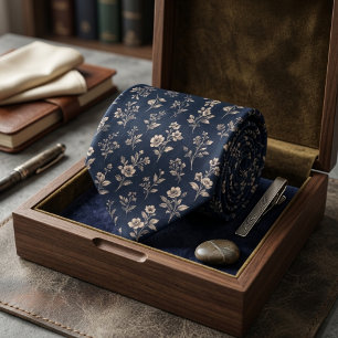 Elegant Vintage Botanical Floral Pattern Navy Tie