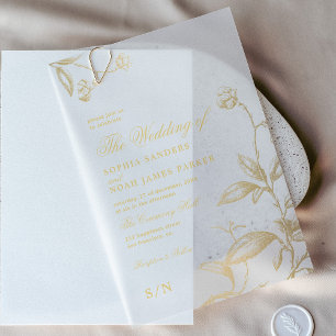 Elegant vintage botanical gold calligraphy wedding vellum invitations