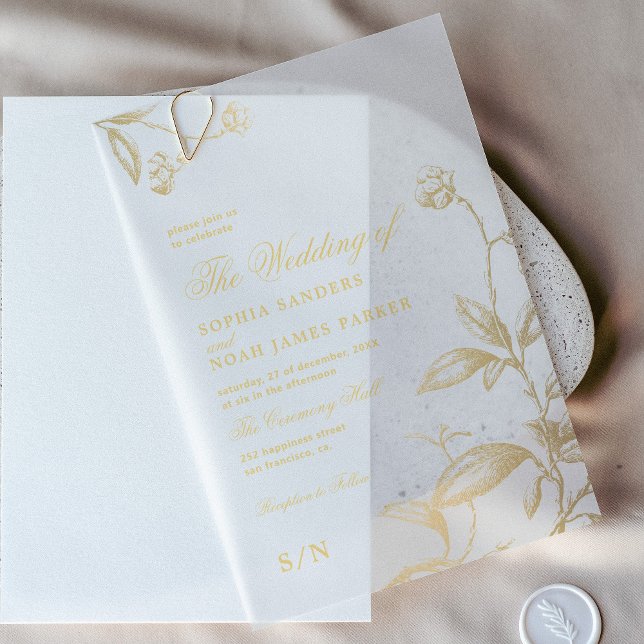 Elegant vintage botanical gold calligraphy wedding vellum invitations (Creator Uploaded)