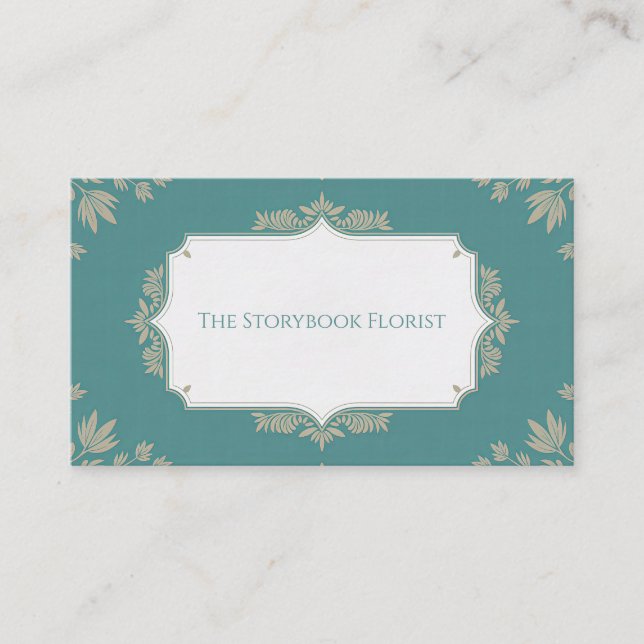 Elegant Vintage Botanical Teal and Beige Business Card (Front)