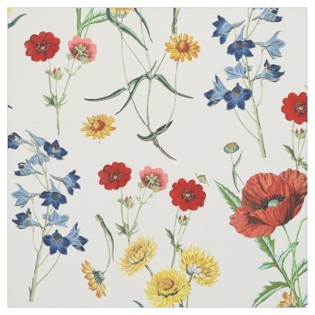 Elegant Vintage Botanical Wildflowers Poppies Fabric (Swatch)