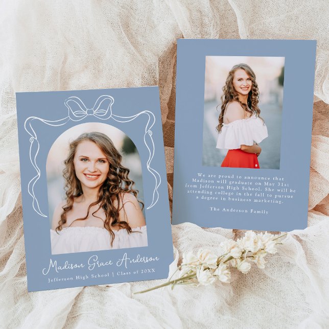 Elegant Vintage Bow Blue Photo Graduation Announcement (Creator Uploaded)