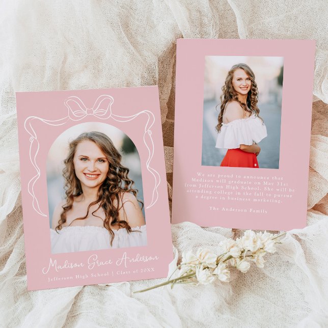 Elegant Vintage Bow Pink Photo Graduation Announcement (Creator Uploaded)