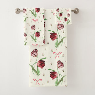 Elegant Vintage Bows and Tulips Floral Pattern  Bath Towel Set