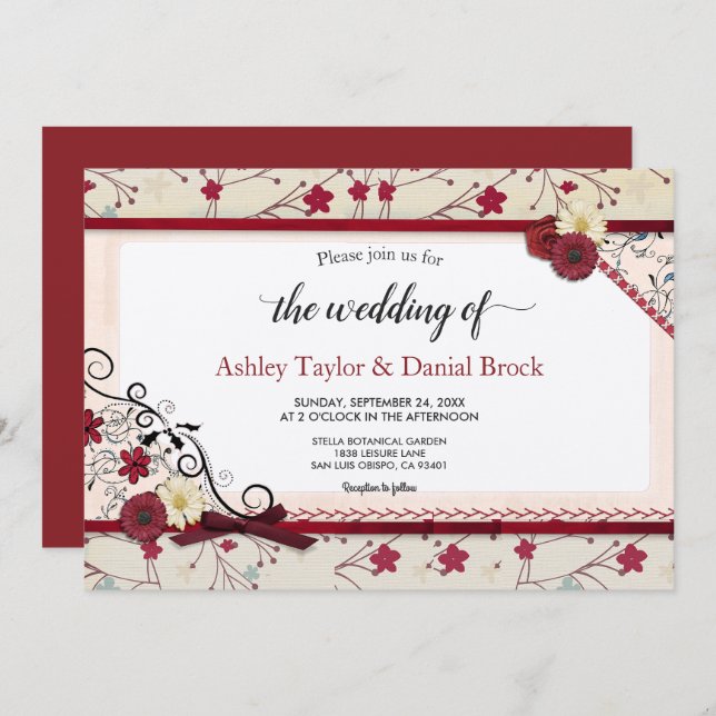 Elegant Vintage Burgundy Floral Classy Wedding Invitation (Front/Back)